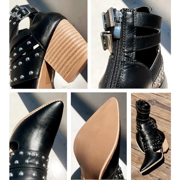 NEW Black Studded Cutout Buckle Strap Pointy
Toe Block Heel Ankle Booties Vegan - Picture 12 of 15